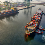A large cargo ship loaded with colorful containers docked at a port
